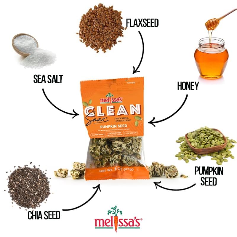 Clean Snax Ingredients include sea salt, hone, pumpkin seed, chia seeds, and more